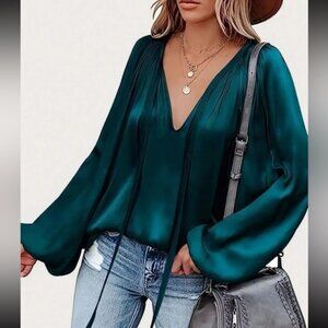 Luxe tie neck lantern sleeve blouse teal green